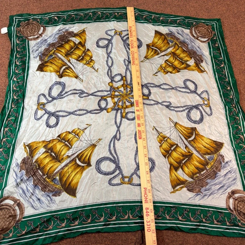 Vintage Nautical Silk Scarf Hand Printed Rolled Tall Ships Anchors Green 31x31